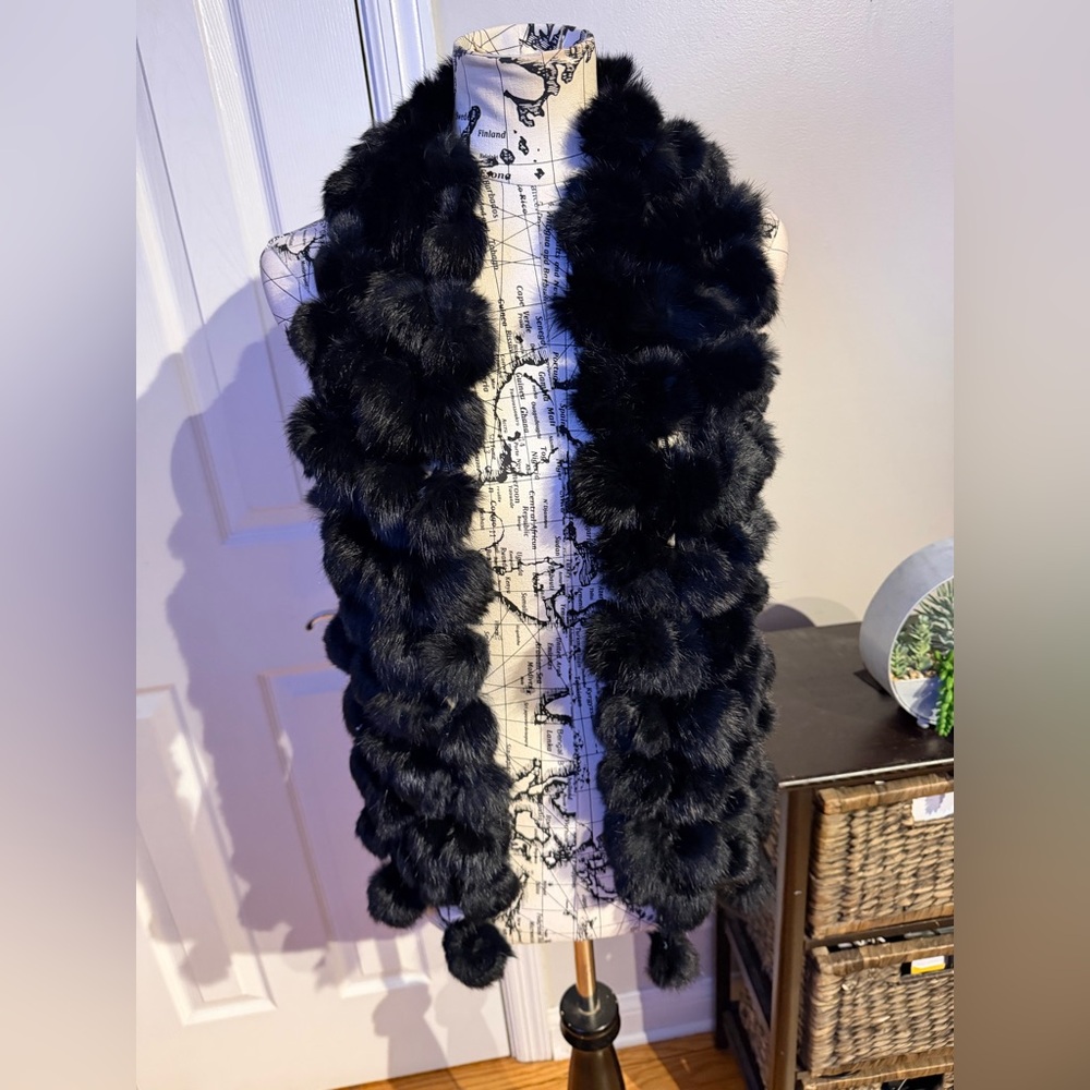 Pom-pom 100% rabbit fur clusters collar balls black handmade scarf vintage stole